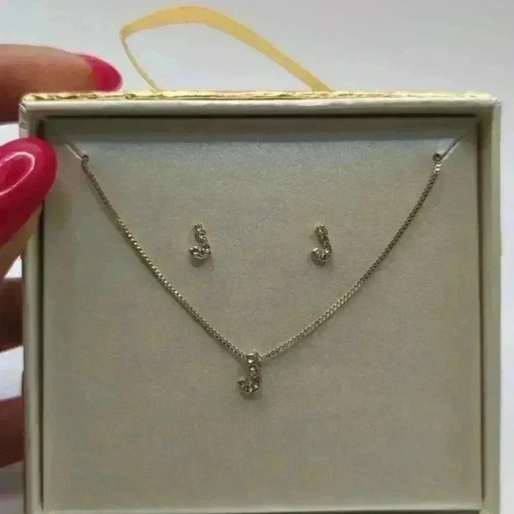 NEW Letter J Initial Earrings and Necklace in Silvertone with Rhinestone